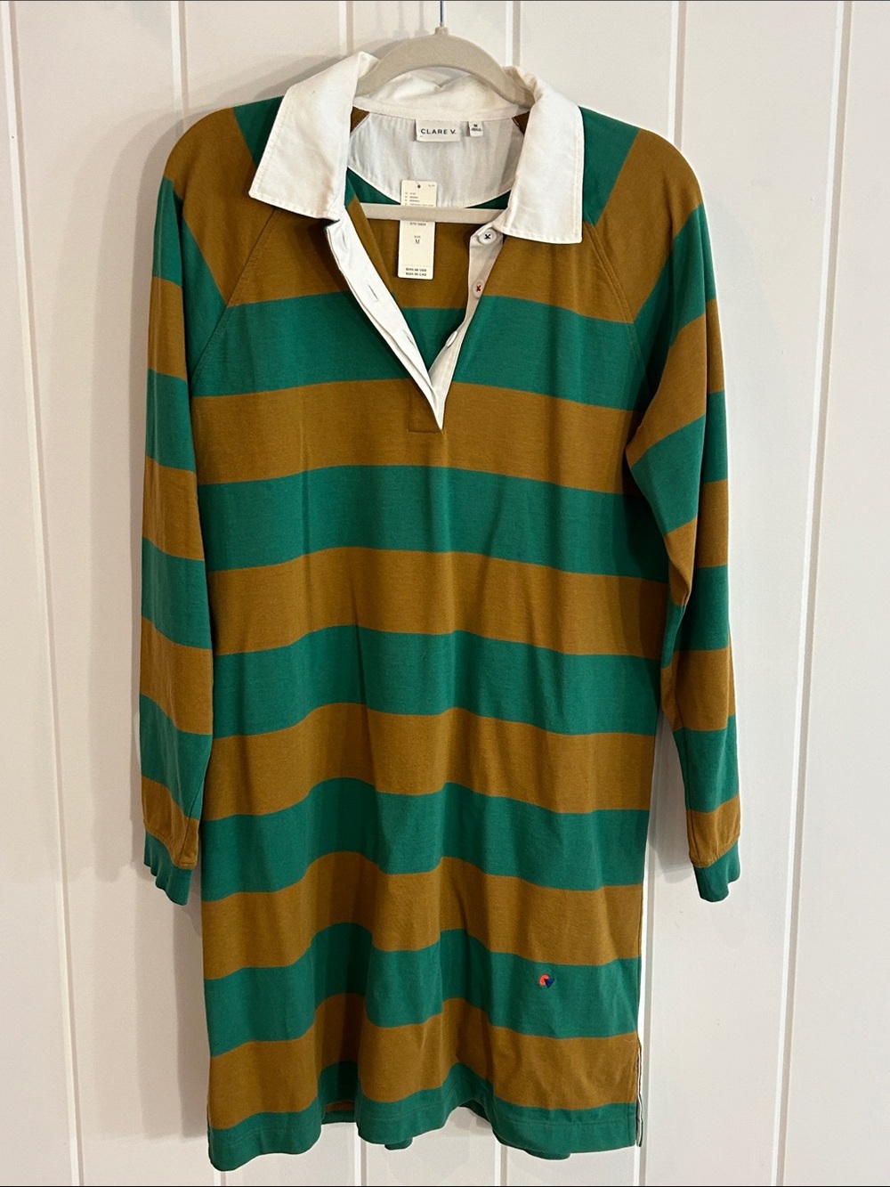 Clare V Green and Mustard Striped Rugby Dress with White Collar
